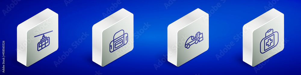Set Isometric line Cable car, Sport bag, Ice resurfacer and First aid kit icon. Vector Set Isometric line Cable car, Sport bag, Ice resurfacer and First aid kit icon. Vector