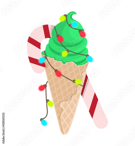 Ice cream with gerland and candy cane