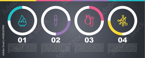 Set line Alcohol or spirit burner, Pipette, Test tube and flask and Molecule. Business infographic template. Vector
