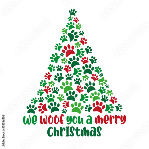We Woof You A Merry Christmas - funny greeting, and paw print Christmas tree. Good for Greeting, and invitation card, poster, textile print and other decoration.