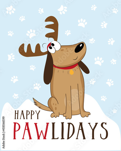 Happy Pawlidays - funny greeting for Christmas with cute dog in deer antler, and snowflakes.