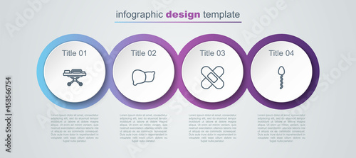 Set line Stretcher, Human organ liver, Crossed bandage plaster and Sperm. Business infographic template. Vector