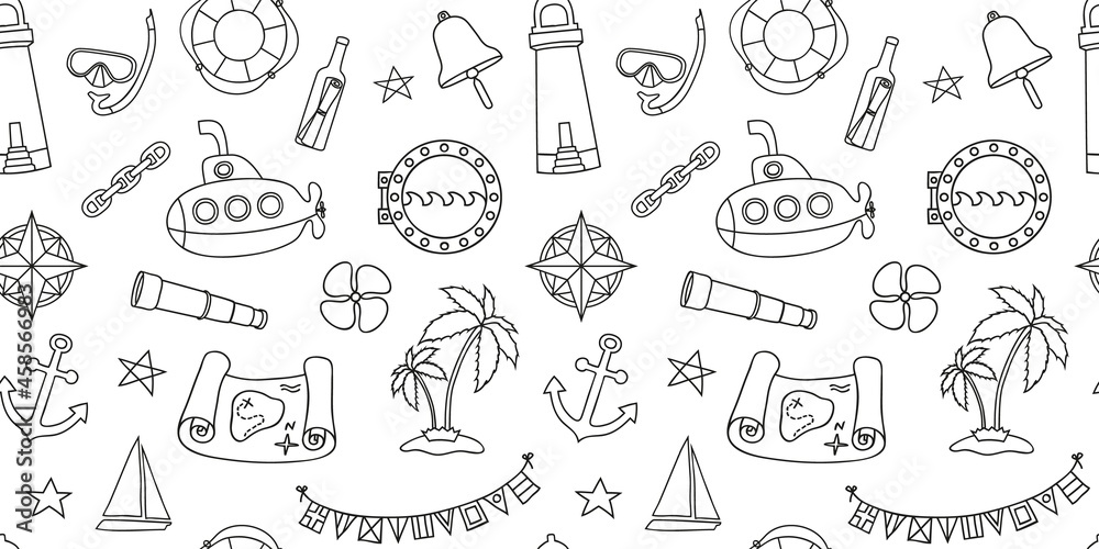 Nautical style seamless wallpaper with hand drawn elements in line art style Nautical style seamless wallpaper with hand drawn elements in line art style
