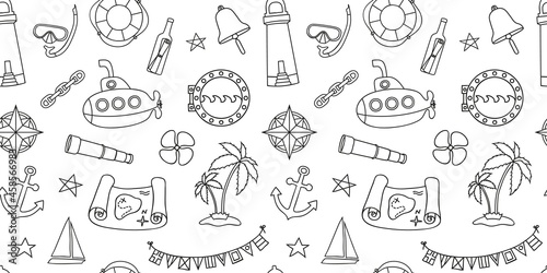 Nautical style seamless wallpaper with hand drawn elements in line art style