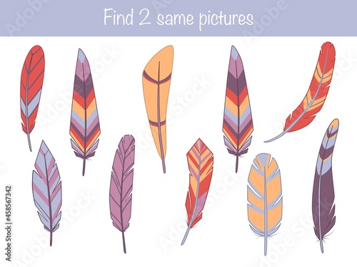 Find the same pictures - children educational game with cute cartoon feathers. Vector illustration