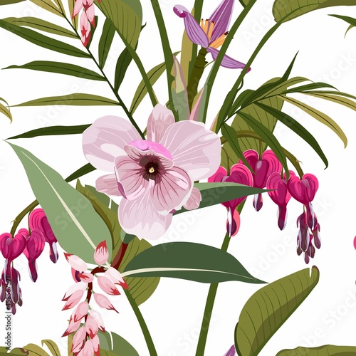 Seamless background from a flowers ornament, fashionable modern wallpaper or textile. Illustration bleeding heart (Dicentra spectabilis), bananas flower, exotic tropical palm leavs background.