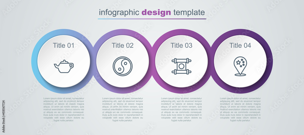 Set line Chinese tea ceremony, Yin Yang, Decree, paper, parchment, scroll and China flag. Business infographic template. Vector