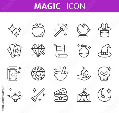 Magic icon. Vector set of line magic and circus icon with wand, wizard, magic hat, broom, spell book, fantasy, rabbit, magical sphere. Spell objects and magician tools for web design