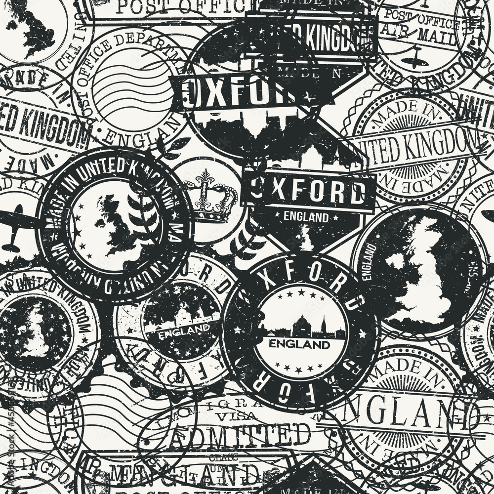 Oxford, UK Stamps Background. A City Stamp Vector Art. Set of Postal