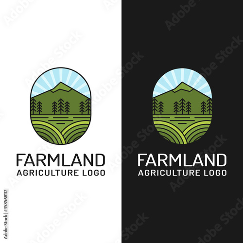 Farm Field with Mountain in Colored Line Style Logo Design Template. Suitable for Agriculture Farming Business Brand Company Corporate Town Rural Badge Emblem Stamp Logo Design.