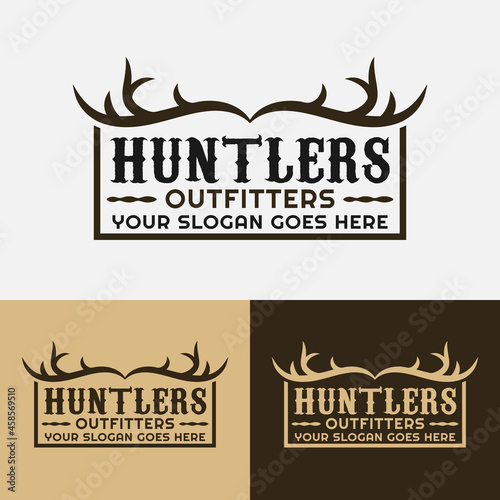 Hunting Antler Badge Emblem Stamp Label for Adventure Outdoor Hiking Camping Hunting Sport Gear Business Brand Community Club in Classic Unique Hipster Retro Rustic Vintage Style Logo Design Template.