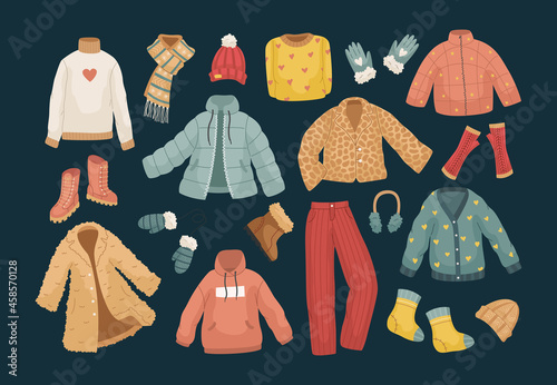 The vector set of winter clothes. Coats, hats, gloves, shoes and socks. photo