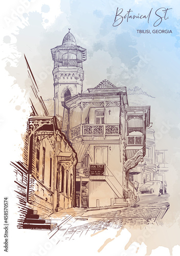 Botanical Street in old Tbilisi. Line drawing isolated on grunge watercolor textured background. EPS10 vector illustration