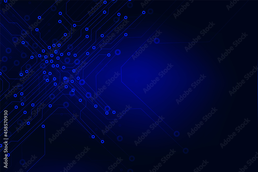 Obraz premium Circuit Board Technology Space Communication Interface Connection Vector Background. Blue Abstract Scifi PCB Trace Data Transfer Design Illustration