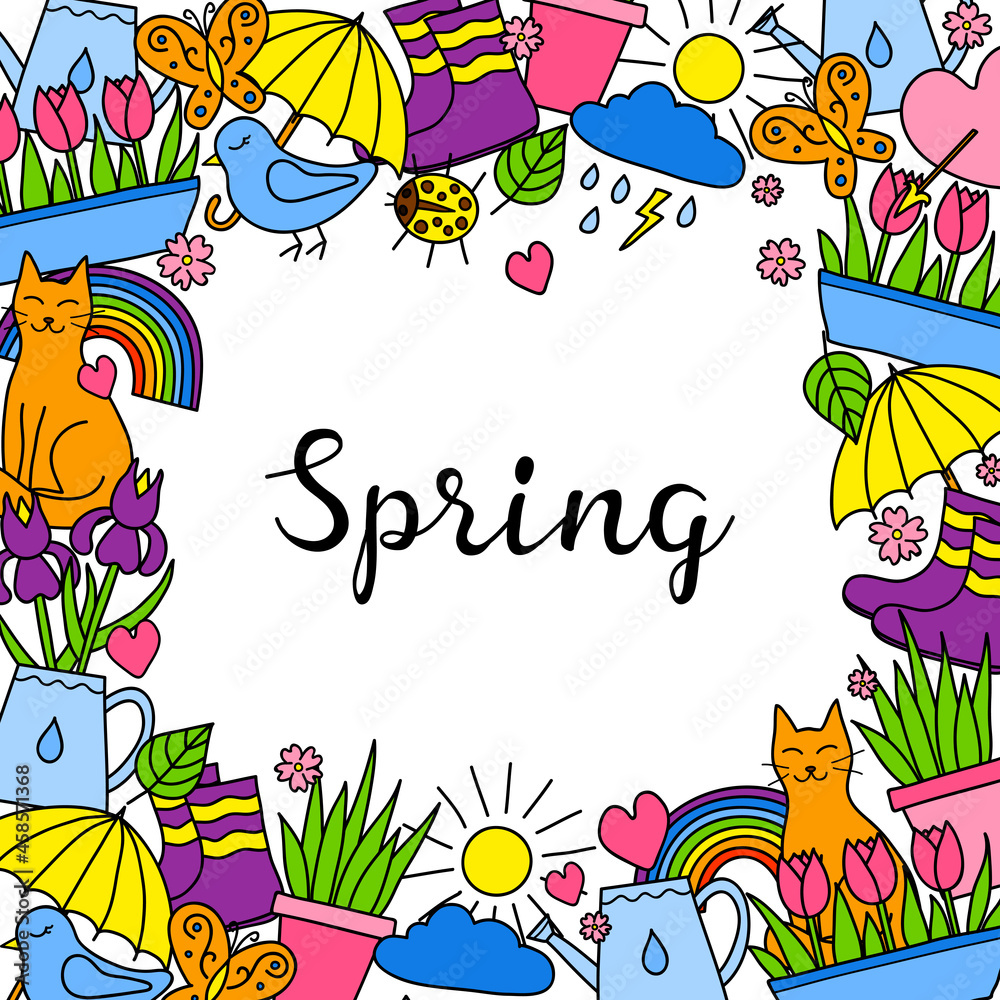 Obraz premium Background with doodle spring items.