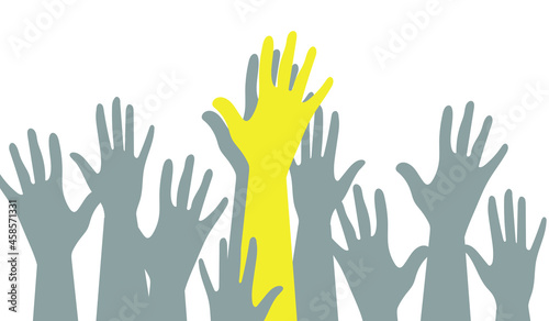 Hands of people with different skin colors, different nationalities and religions. Community activists, feminists are fighting for equality. The trend colors of 2021 are yellow and gray. Vector.