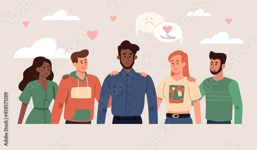Friends are trying to help in friend's relationship crisis with psychological therapy talking. Concept of empathy and emotional feeling support with people problems. Flat cartoon vector illustration