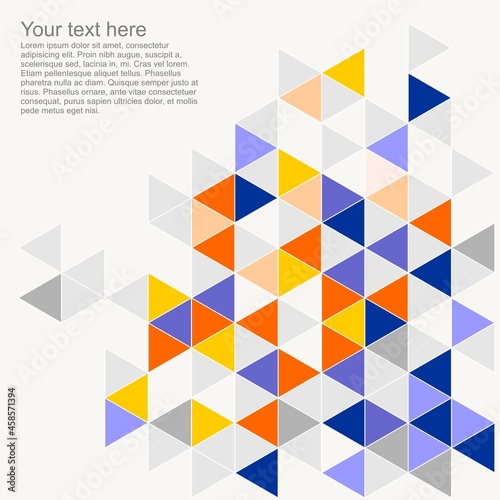 Vector geometric mosaic grey, yellow, blue triangle card document template. Hipster flat surface chevron zigzag print design or pastel colorful background illustration with empty space for text