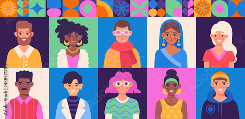 Set of diverse community with various male and female characters on colorful backgrounds. Colorful collection with young people or business team in trendy clothes. Flat cartoon vector illustration