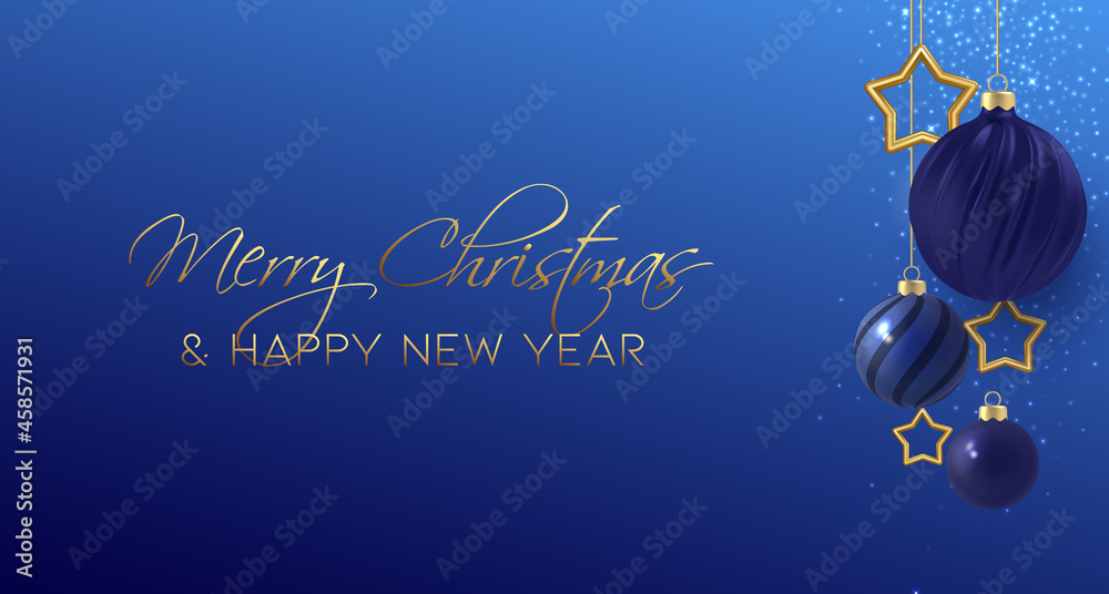 Minimal Christmas night blue shine background with decorative christmas balls, gold stars and greeting. illustrations for greeting cards, calendars and invitations. Vector illustration