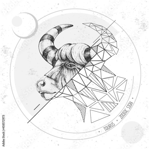 Realistic hand drawing and polygonal bull head illustration. Magic card with Taurus zodiac sign