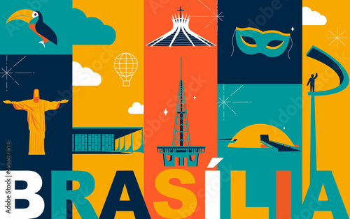 Brasilia culture travel set, famous architectures and specialties in flat design. Business Brazilian tourism concept clipart. Image for presentation, banner, website, advert, flyer, roadmap, icons photo