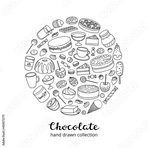Doodle chocolate products in circle.