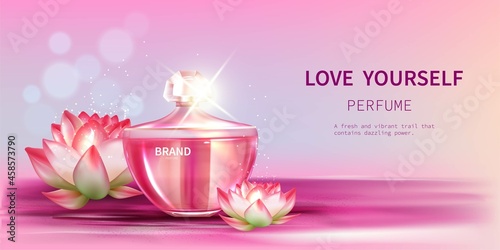 Elegant perfume pink glass bottle advertisment upon water surface. Concept of beautiful ad template for web banner or social media post. Flat cartoon vector illustration
