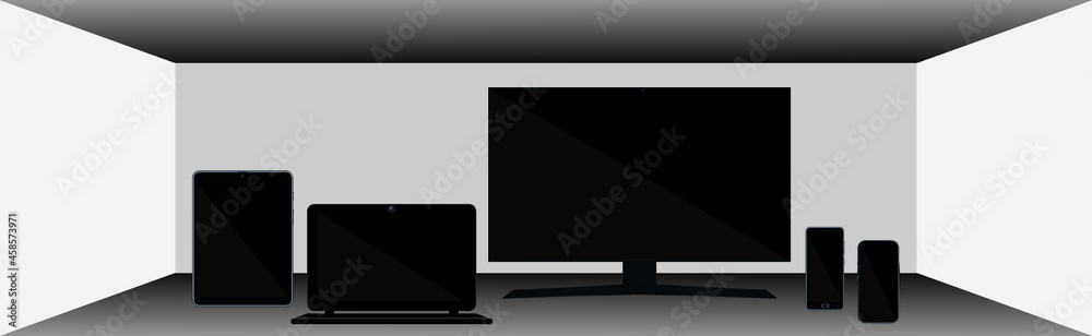 box with laptop tablet tv monitor and 2 mobile phones with black screen in great details box with laptop tablet tv monitor and 2 mobile phones with black screen in great details
