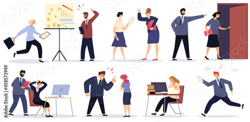 Set with rudeness scenes in business team workplace on white background. Concept of bad job, adverse atmosphere, disrespectful attitude towards colleagues. Flat cartoon vector illustration