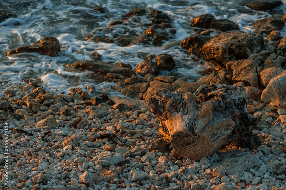 Stones on the seashore. Rocky beach at sunset. Natural background.