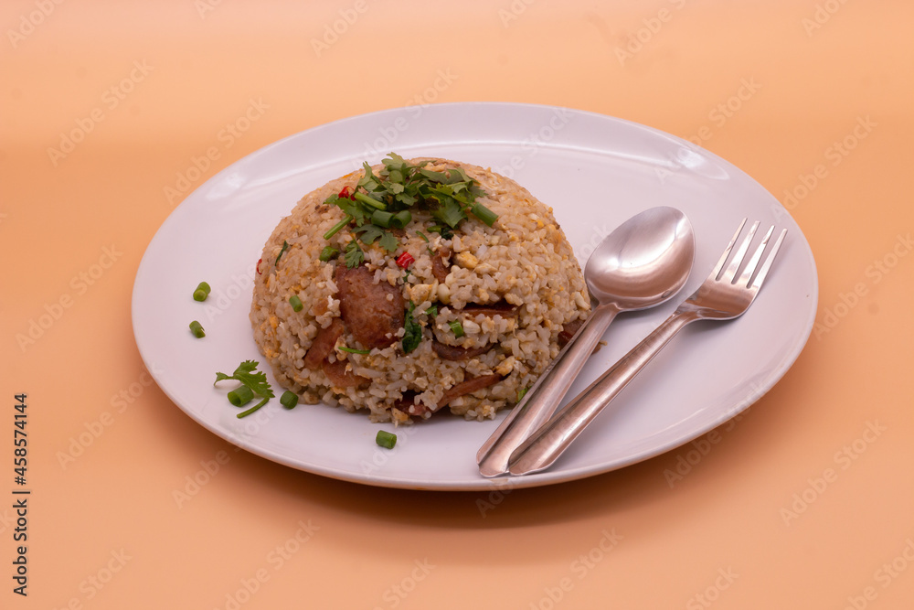 Asian food. Fide Jasmin rice white sausage served on the white plate. side view Asian food. Fide Jasmin rice white sausage served on the white plate. side view