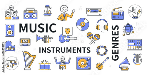 Musical instruments and genres - line design icon set