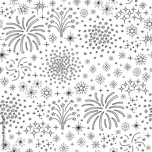Seamless pattern with fireworks and petards.