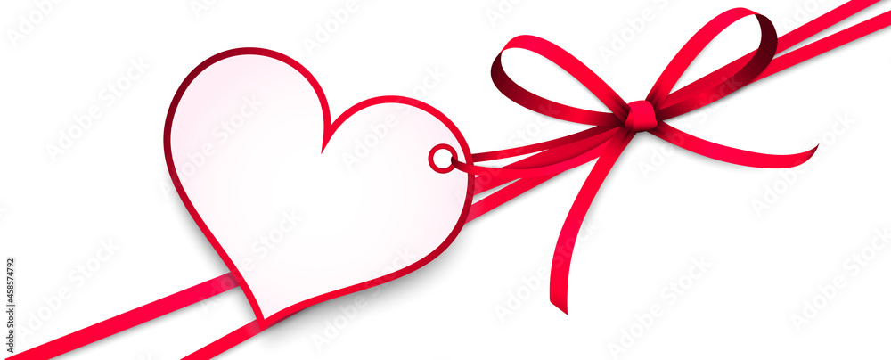 red ribbon bow with heart hang tag