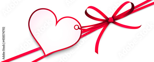 red ribbon bow with heart hang tag