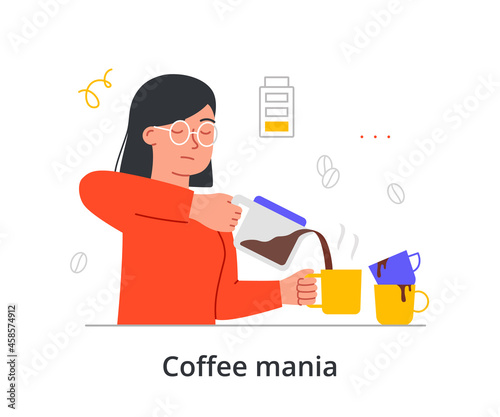 Young tired female character is suffering from coffee mania on white background. Concept of people suffering from unhealthy habits in life scenes. Flat cartoon vector illustration