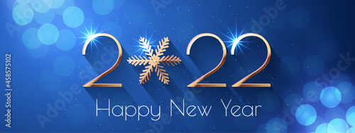 Happy New Year 2022 text design. Vector greeting illustration with golden numbers and snowflake