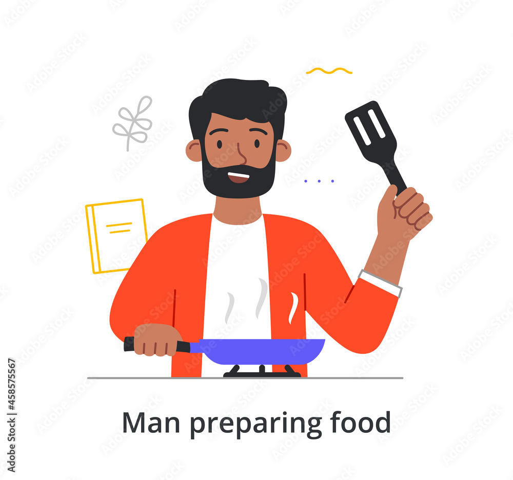 Smiling male character with beard is preparing food at home using a frying pan on white background. Concept of various people like to cook alone at home. Flat cartoon vector illustration