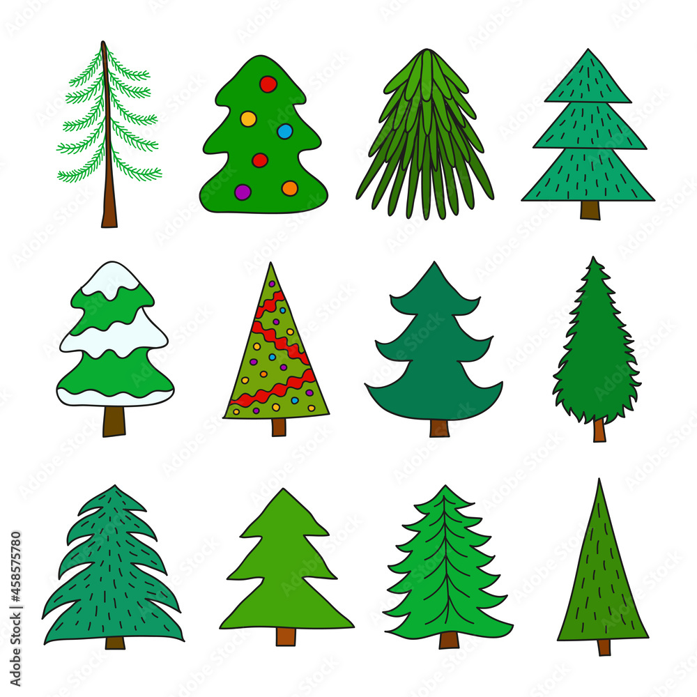 Fototapeta premium Set of doodle fir trees.