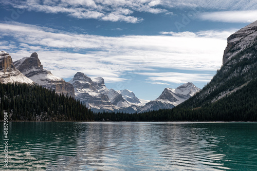 Canadian Rockies reflection on Maligne lake in Jasper national park, AB, Canada
