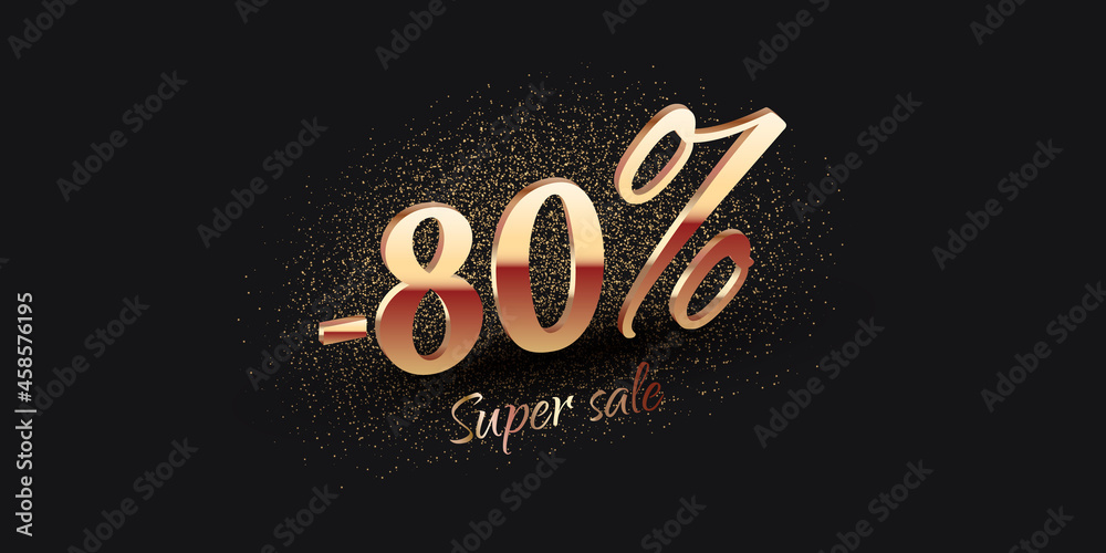 80 Percent Salling Background with golden shiny numbers on black. Super sale text. Black friday or new year discount design template