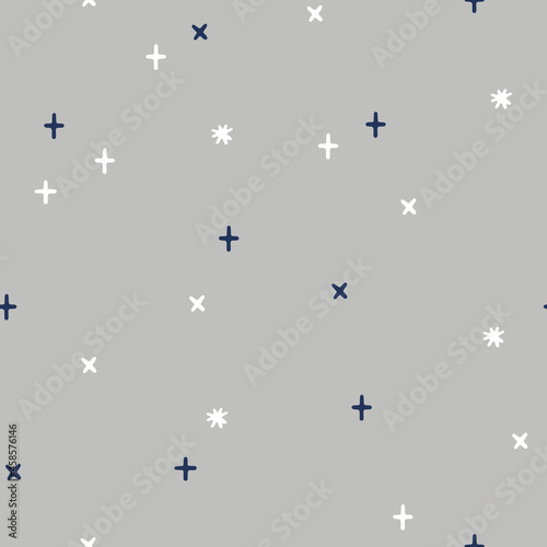 Hand drawn vector seamless pattern with snowflakes. Festive endless background for Christmas holidays and decorative design. Flat vector illustration. Simple abstract backdrop. Wrapping paper, textile