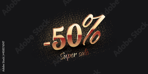 50 Percent Salling Background with golden shiny numbers on black. Super sale text. Black friday or new year discount design template