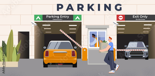 Car is driving through entrance with barrier on underground parking. Scene with male guard in booth opening gate to let driver to drive into parking lot. Flat cartoon vector illustration