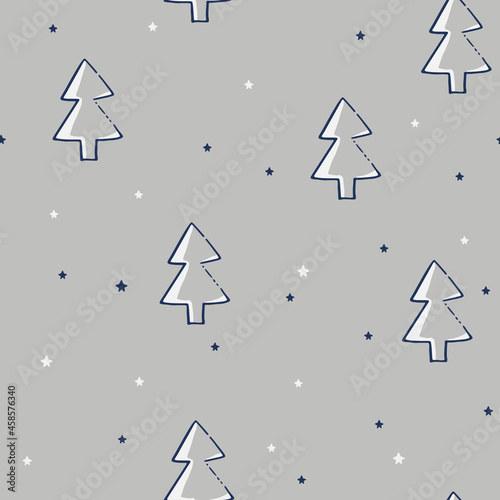 Hand drawn pine trees vector seamless pattern. Festive background for winter holidays and Christmas design. Line art winter forest. Vector doodle illustration with spruce. New Year backdrop