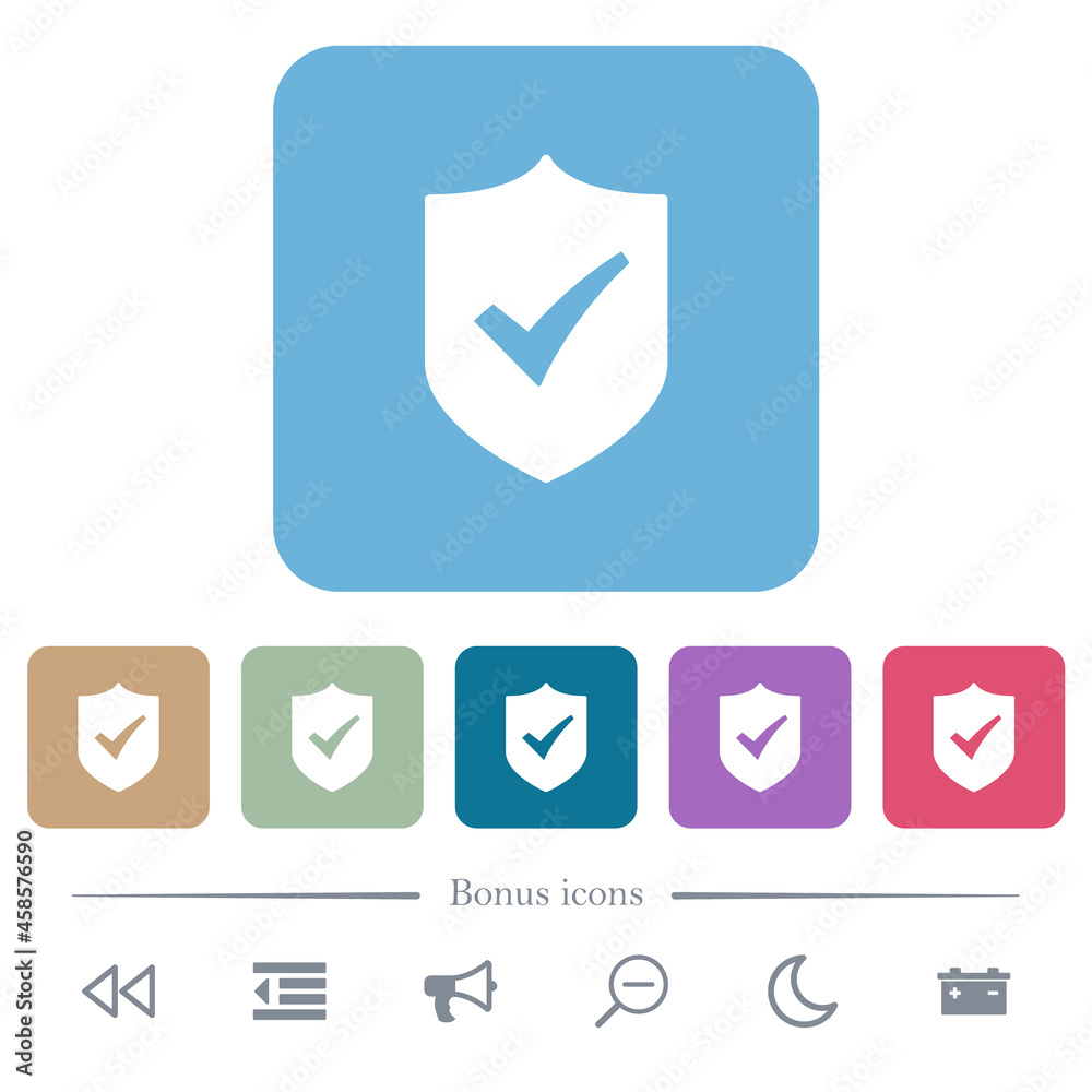 Active shield solid flat icons on color rounded square backgrounds Active shield solid flat icons on color rounded square backgrounds
