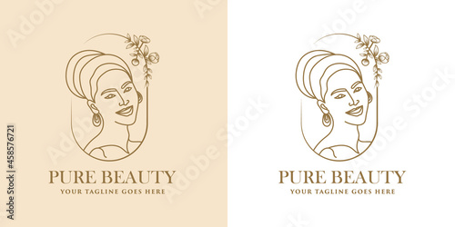 Hand drawn feminine woman beauty minimal face and floral botanical logo template for makeup spa salon skin & hair care line art portrait vector printable illustration design