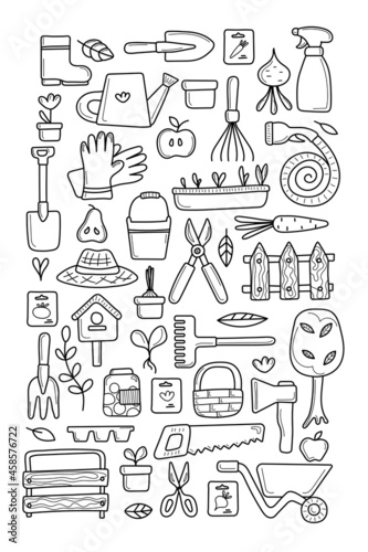 Black and white set of garden tools, seedlings, flower isolated on white background. Flower in pot, garden fork, shovel, farm, rake, seedling, watering can, sproute, pruner, hoe, sickle, sprayer