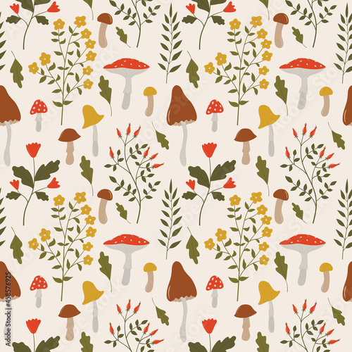 Vintage botanical seamless pattern with wild herbs, flowers, branches, leaves and mushrooms. Vector illustrations of forest flora. Hand drawn colorful floral elements. Background for textile and print